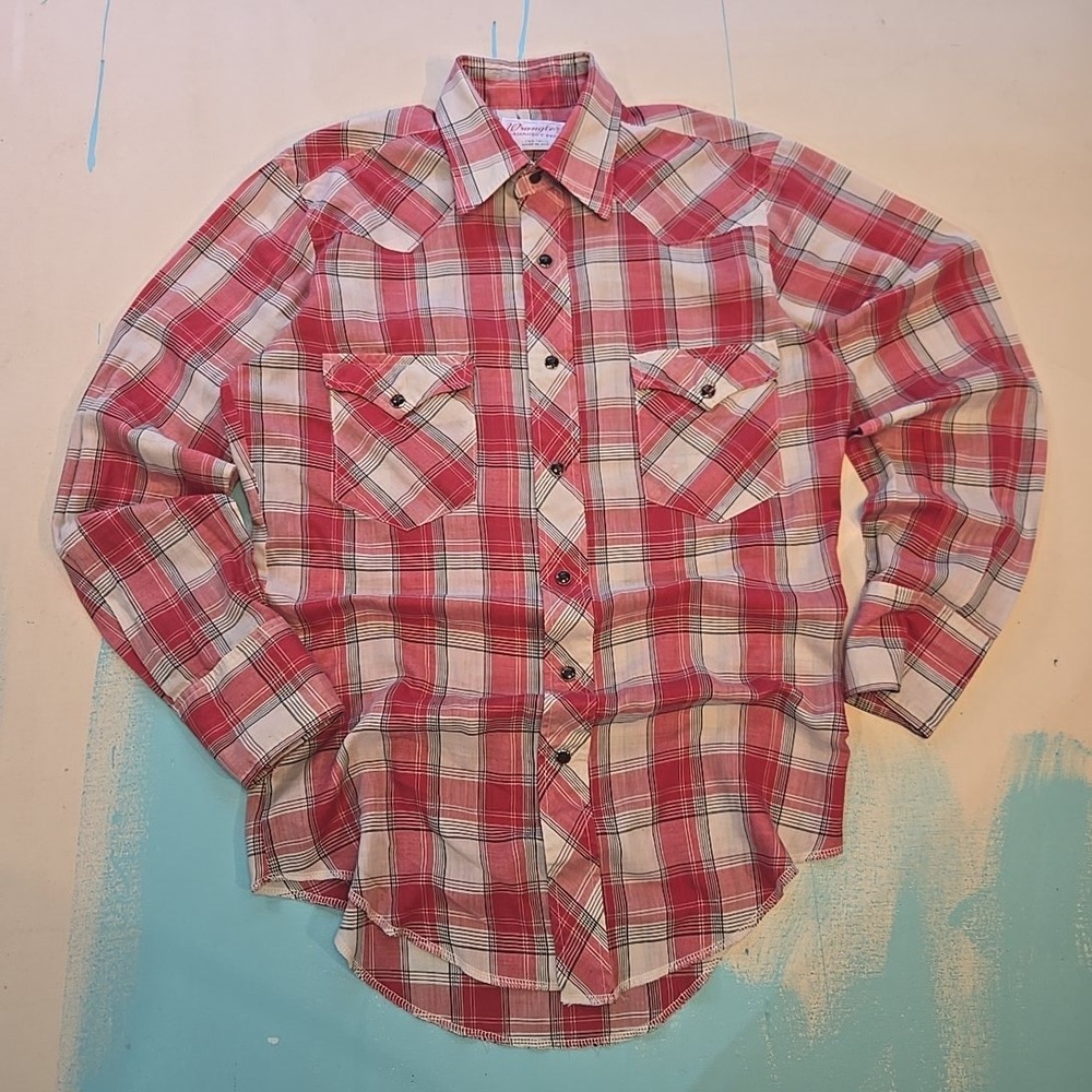 VTG Wrangler L Plaid Western Pearl Snap Shirt Red 14.5 33 Poly‎ Cotton USA 1970s